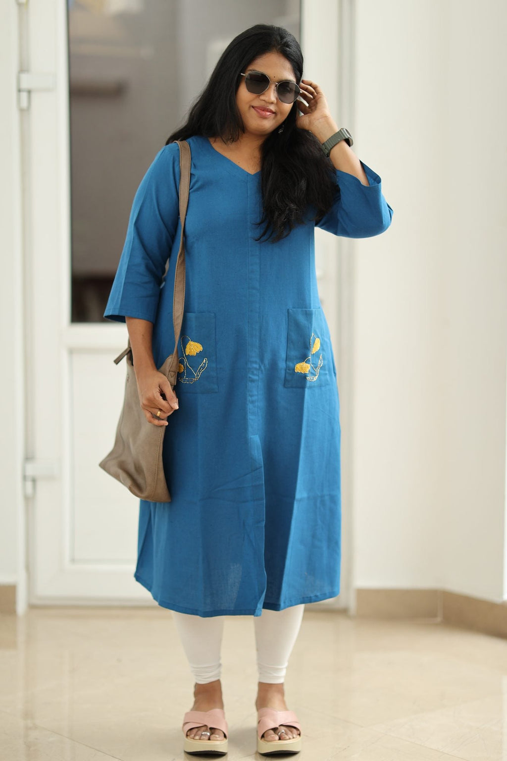 Teal Blue Hand-Embroidered Floral 30+ Women Everyday Office Kurta (Top Only) | MAGI0014