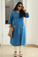 Teal Blue Hand-Embroidered Floral 30+ Women Everyday Office Kurta (Top Only) | MAGI0014
