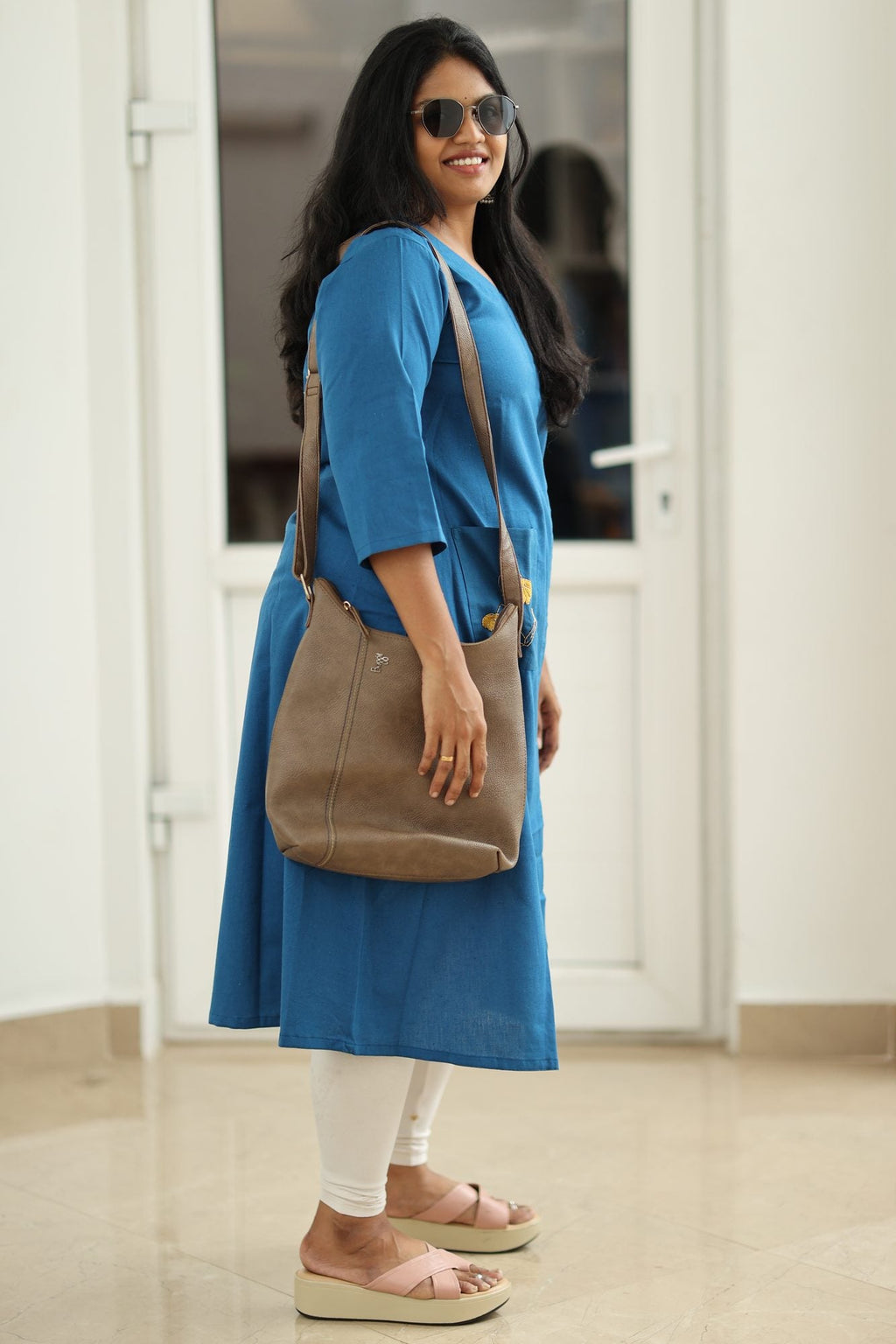 Teal Blue Hand-Embroidered Floral 30+ Women Everyday Office Kurta (Top Only) | MAGI0014