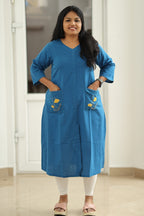 Teal Blue Hand-Embroidered Floral 30+ Women Everyday Office Kurta (Top Only) | MAGI0014