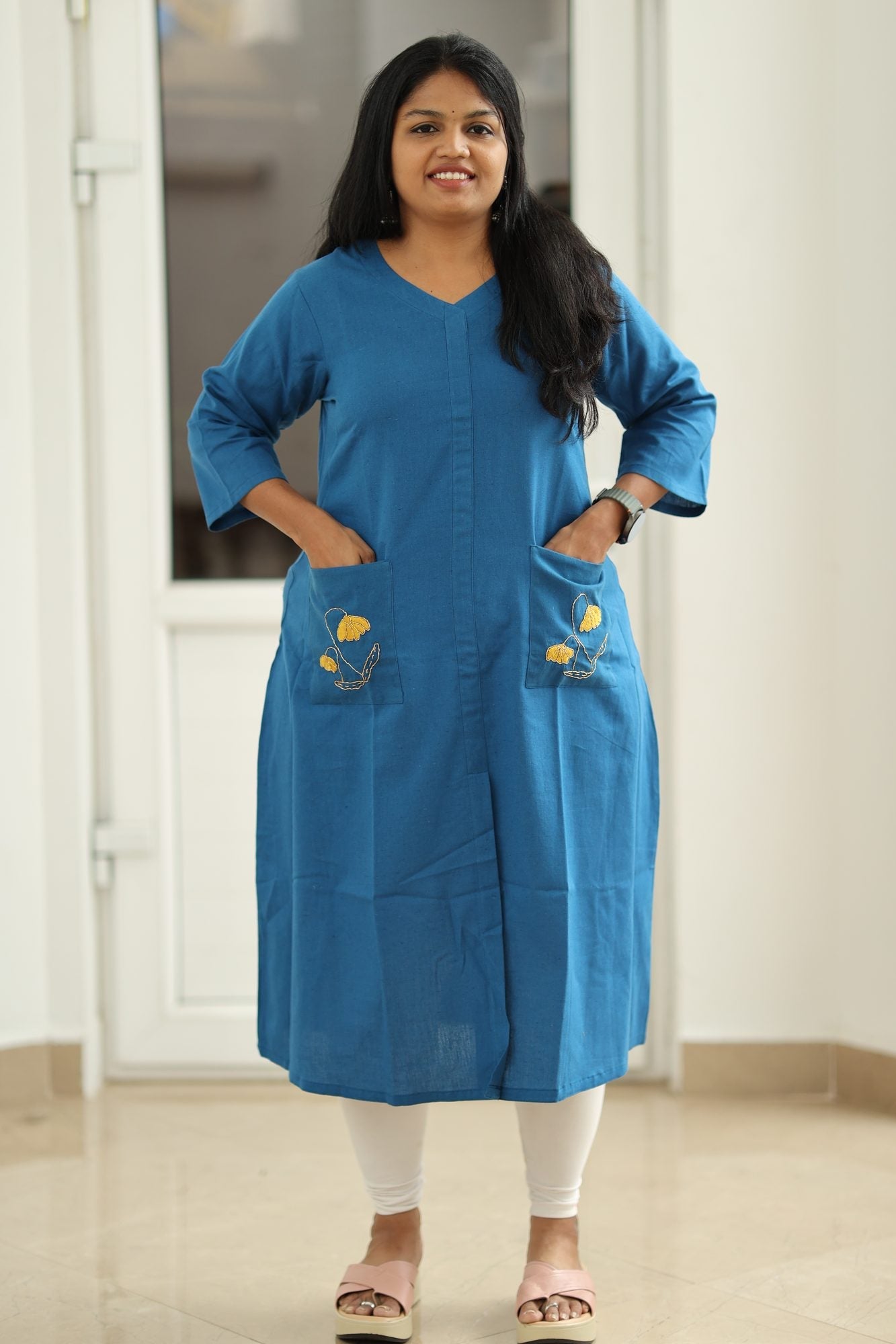 Teal Blue Hand-Embroidered Floral 30+ Women Everyday Office Kurta (Top Only) | MAGI0014