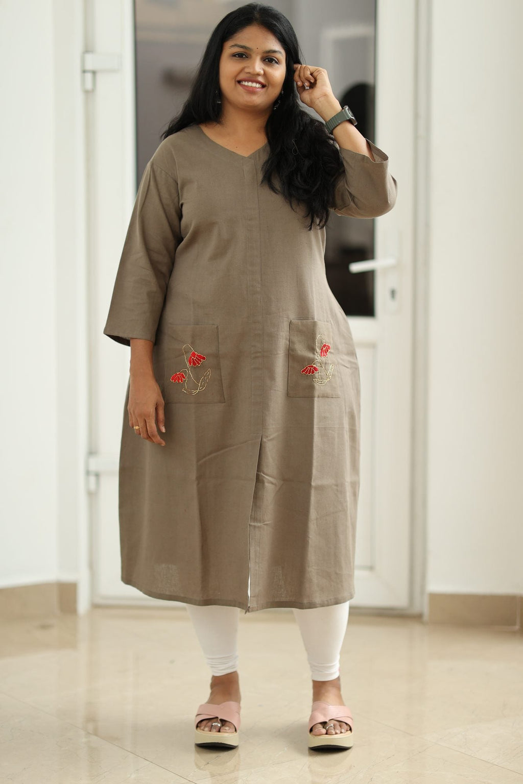 Olive Brown Hand-Embroidered Floral 30+ Women Everyday Office Kurta (Top Only) | MAGI0015