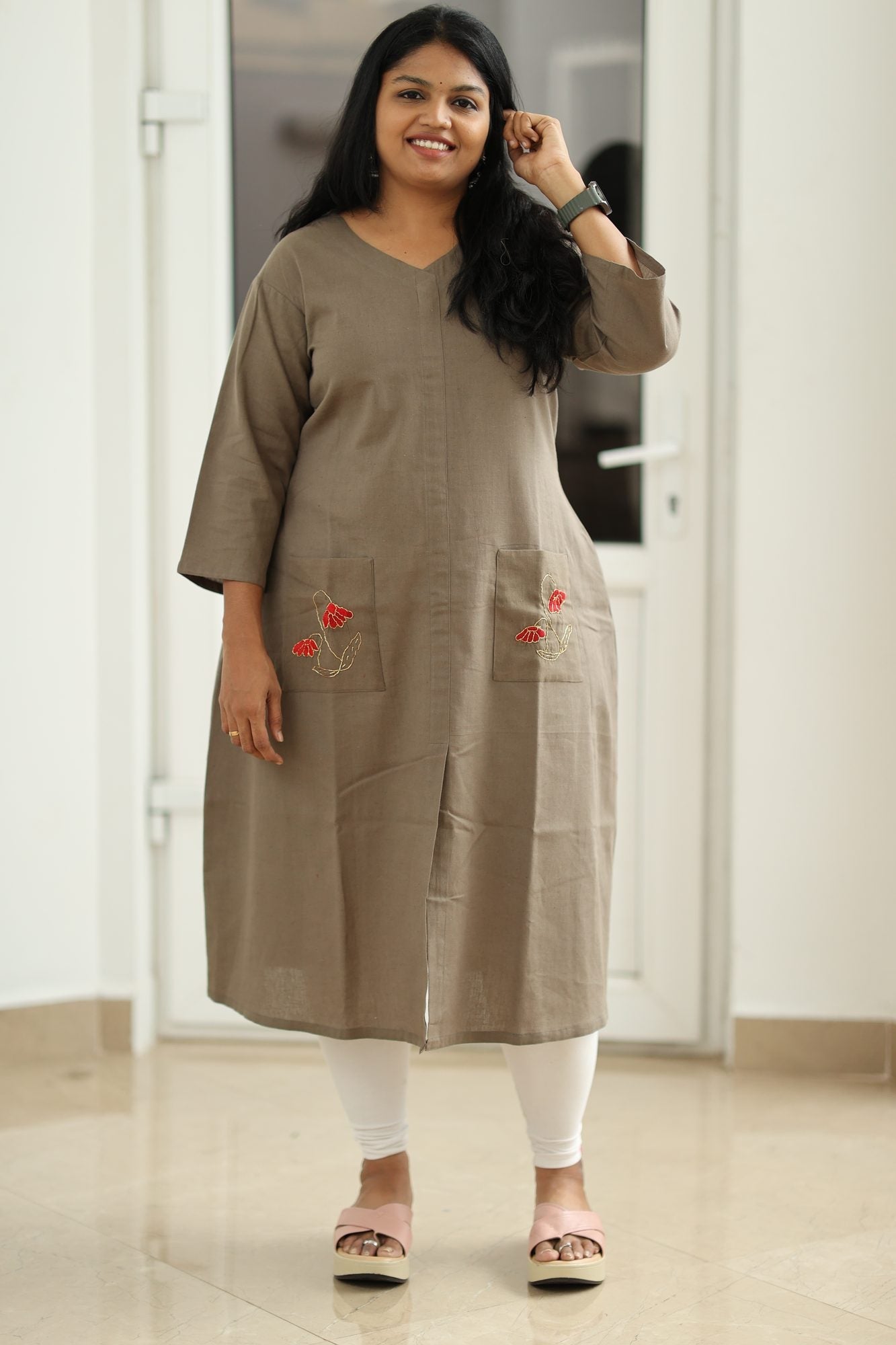 Olive Brown Hand-Embroidered Floral 30+ Women Everyday Office Kurta (Top Only) | MAGI0015