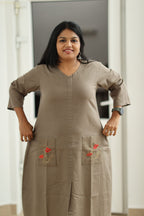 Olive Brown Hand-Embroidered Floral 30+ Women Everyday Office Kurta (Top Only) | MAGI0015