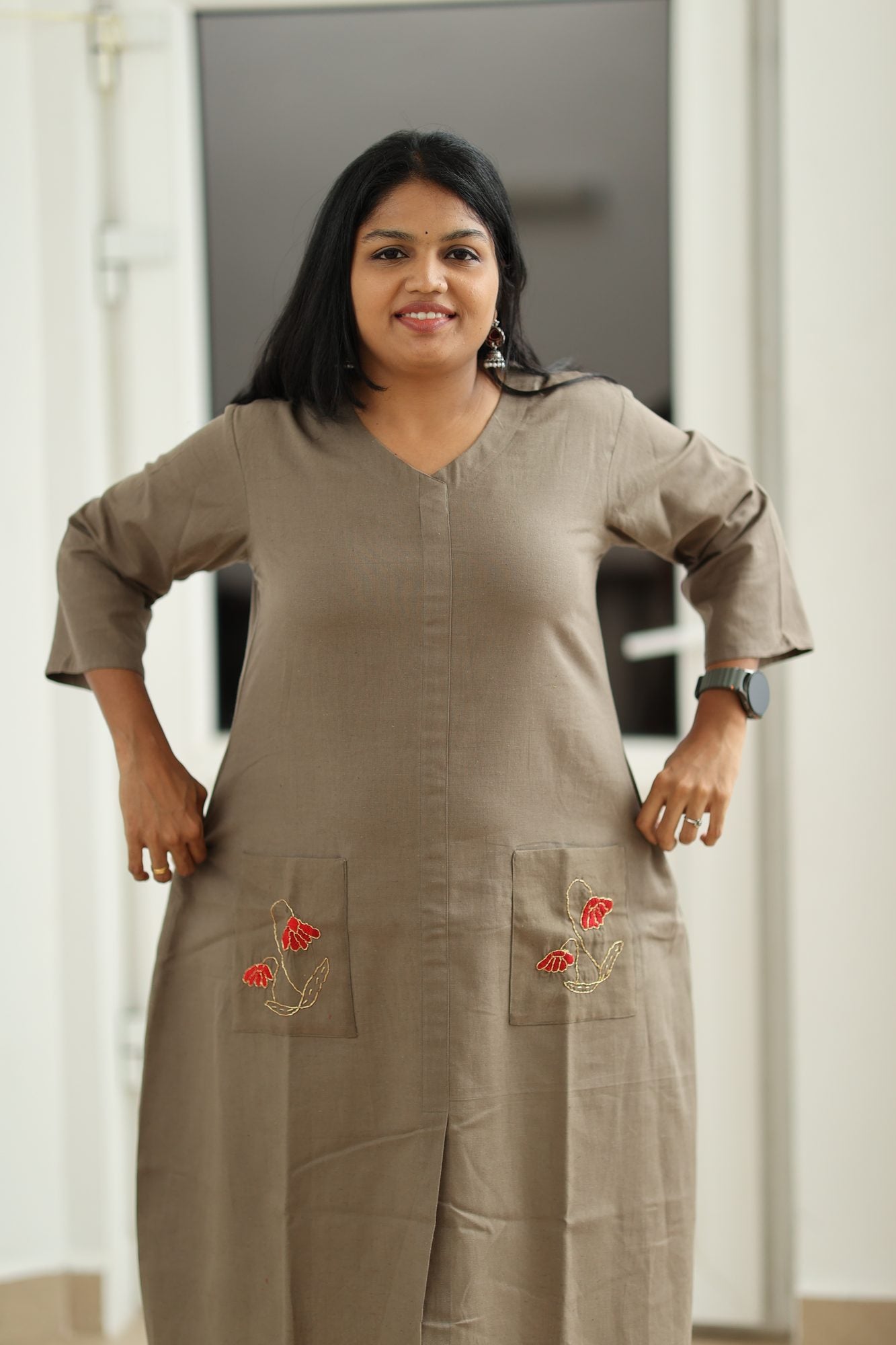 Olive Brown Hand-Embroidered Floral 30+ Women Everyday Office Kurta (Top Only) | MAGI0015