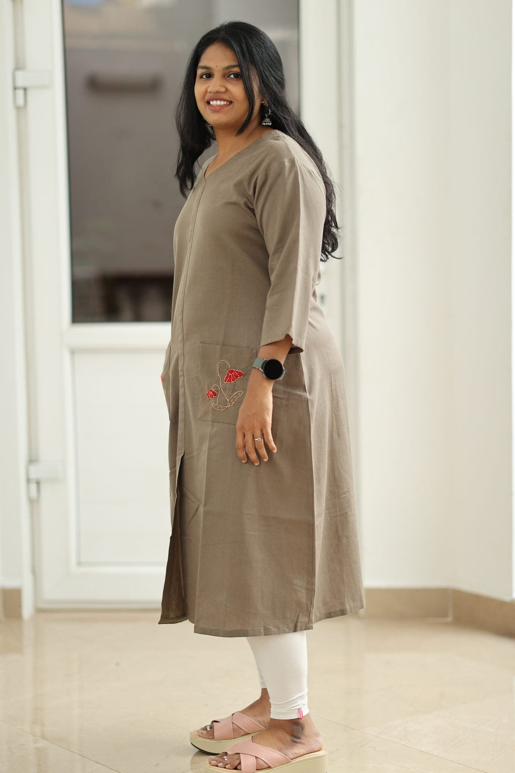 Olive Brown Hand-Embroidered Floral 30+ Women Everyday Office Kurta (Top Only) | MAGI0015