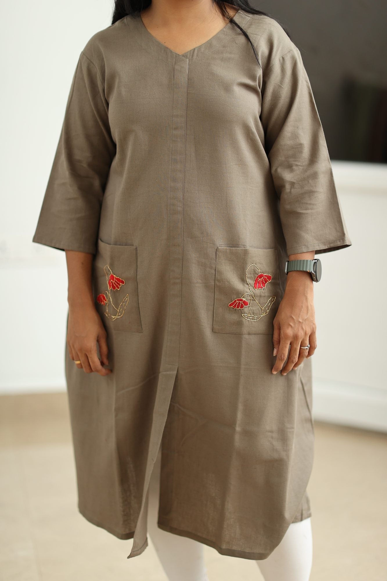 Olive Brown Hand-Embroidered Floral 30+ Women Everyday Office Kurta (Top Only) | MAGI0015