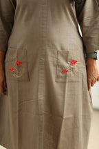 Olive Brown Hand-Embroidered Floral 30+ Women Everyday Office Kurta (Top Only) | MAGI0015