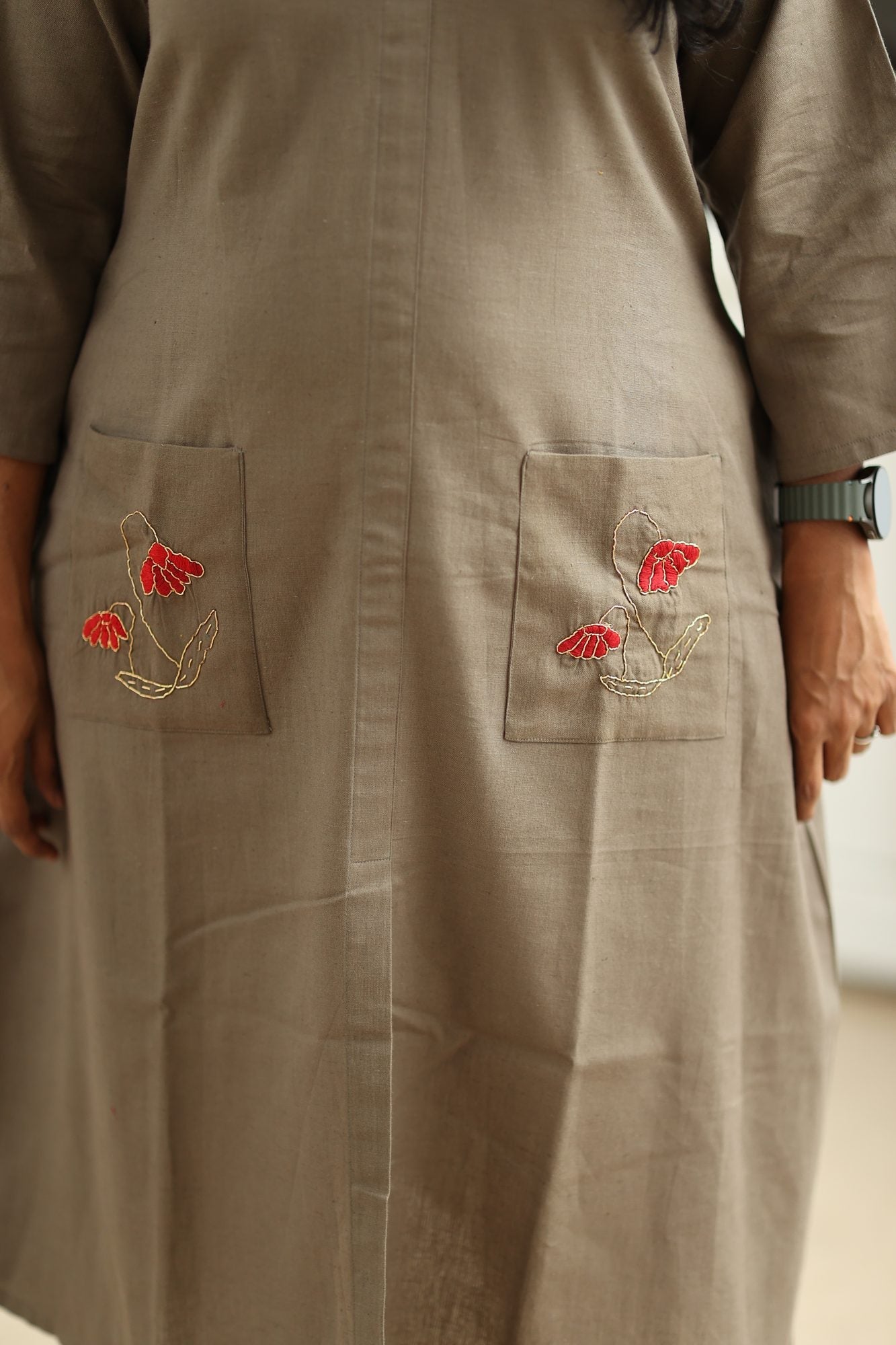 Olive Brown Hand-Embroidered Floral 30+ Women Everyday Office Kurta (Top Only) | MAGI0015
