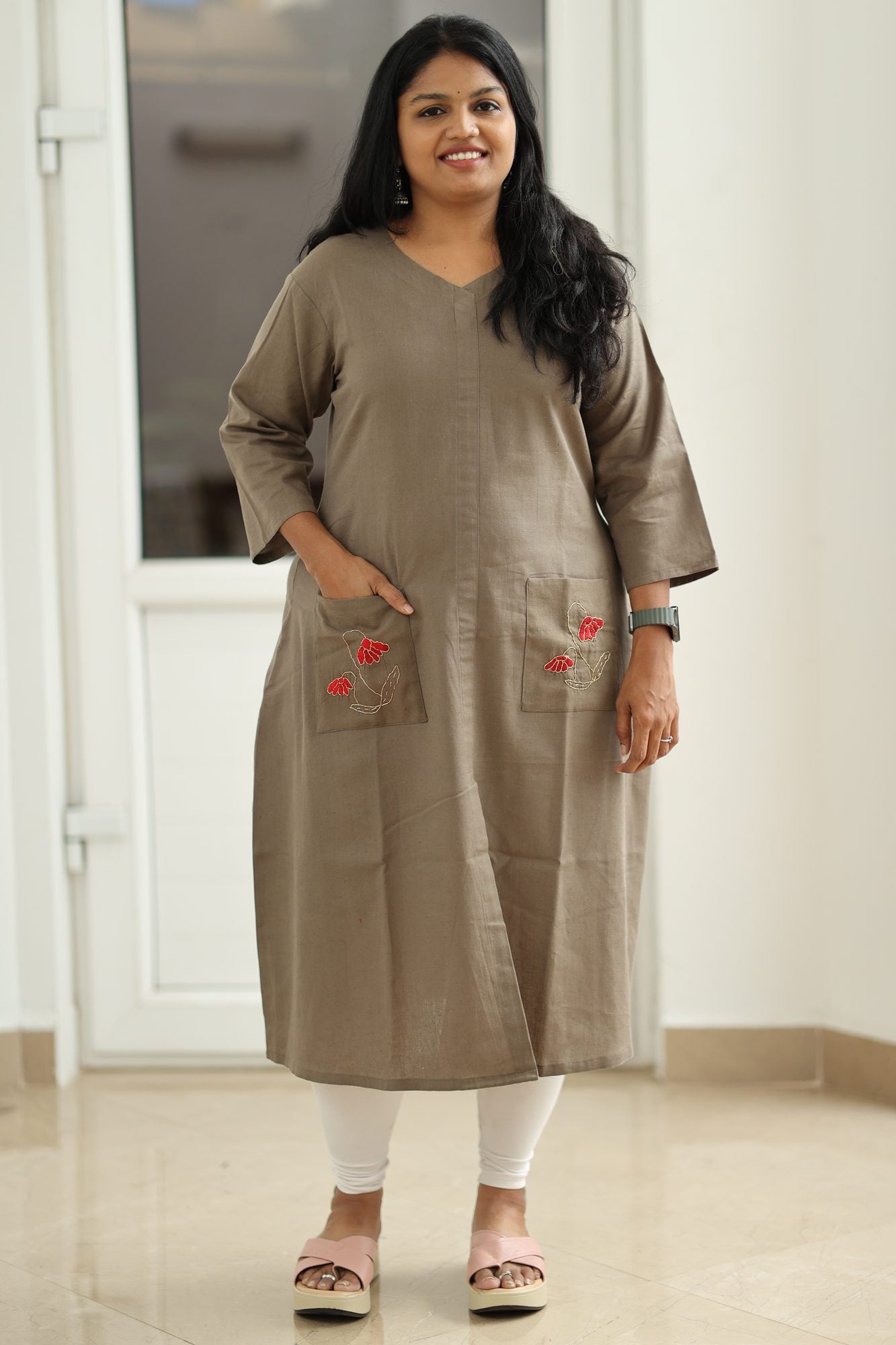 Olive Brown Hand-Embroidered Floral 30+ Women Everyday Office Kurta (Top Only) | MAGI0015