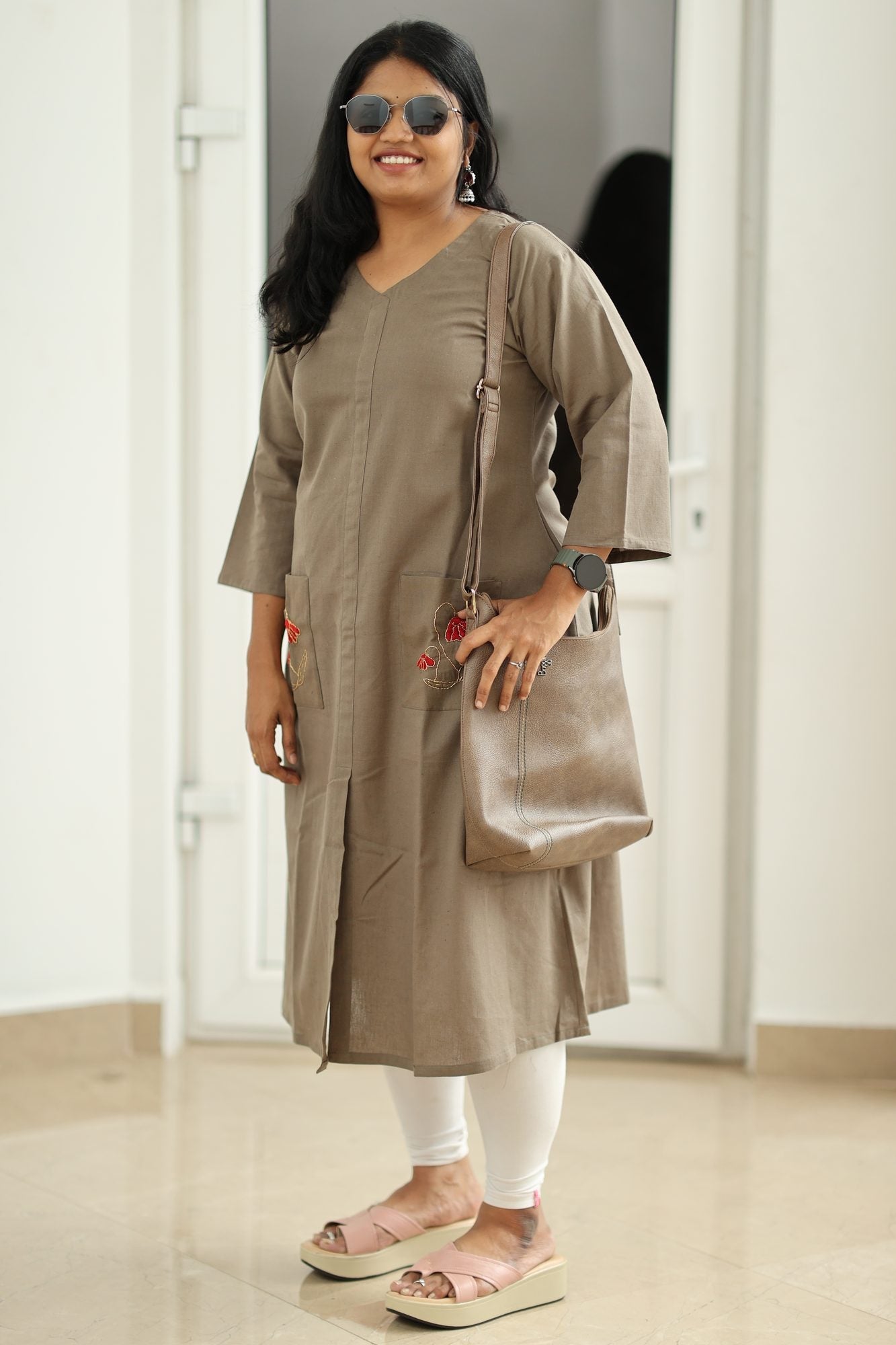 Olive Brown Hand-Embroidered Floral 30+ Women Everyday Office Kurta (Top Only) | MAGI0015