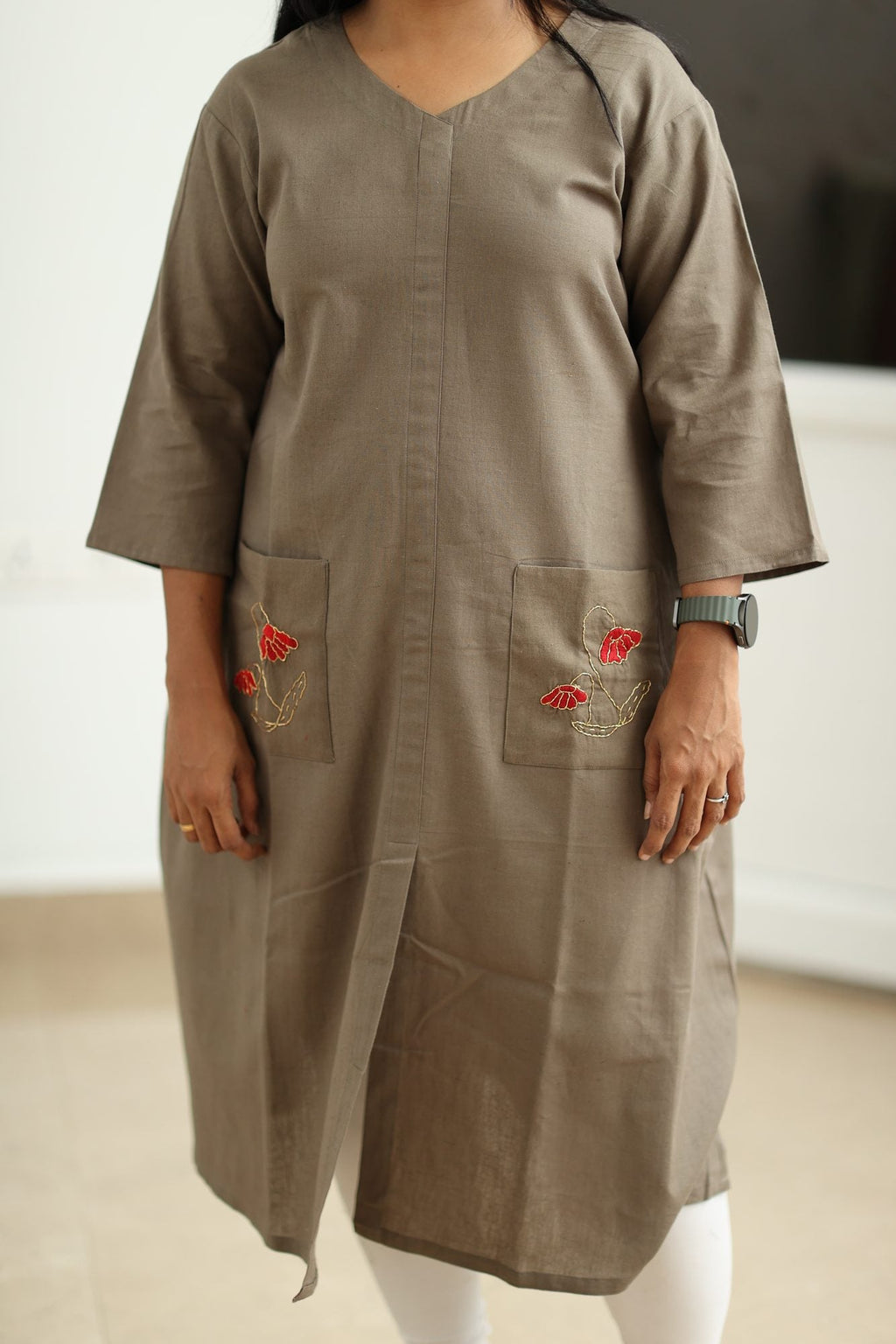 Olive Brown Hand-Embroidered Floral 30+ Women Everyday Office Kurta (Top Only) | MAGI0015