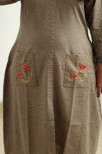 Olive Brown Hand-Embroidered Floral 30+ Women Everyday Office Kurta (Top Only) | MAGI0015