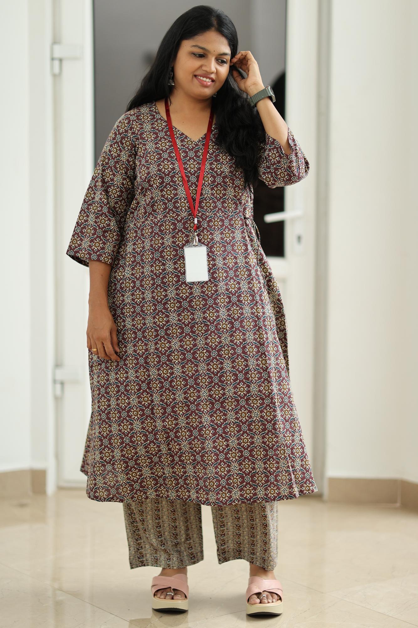 Maroon Ajrakh Print 30+ Women Everyday Office Kurta (Top + Bottom) | MAGI0016