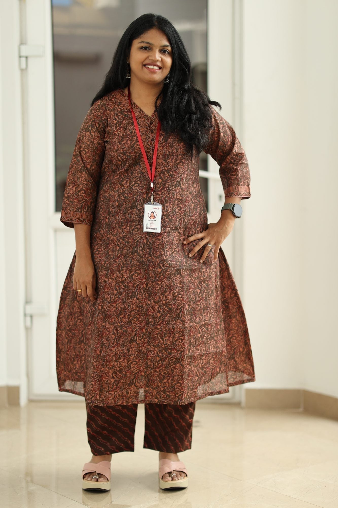 Rust Brown Paisley Print 30+ Women Everyday Office Kurta (Top + Bottom) | MAGI0017