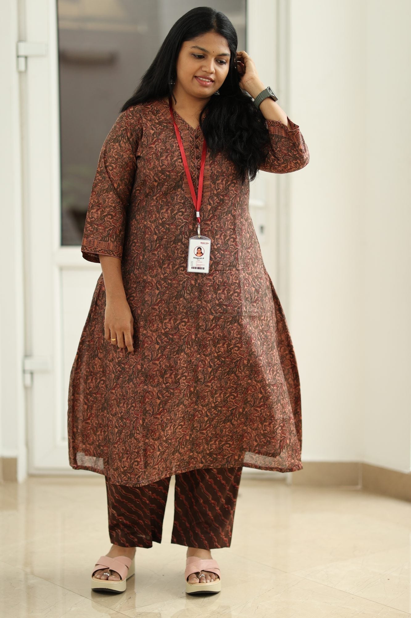 Rust Brown Paisley Print 30+ Women Everyday Office Kurta (Top + Bottom) | MAGI0017
