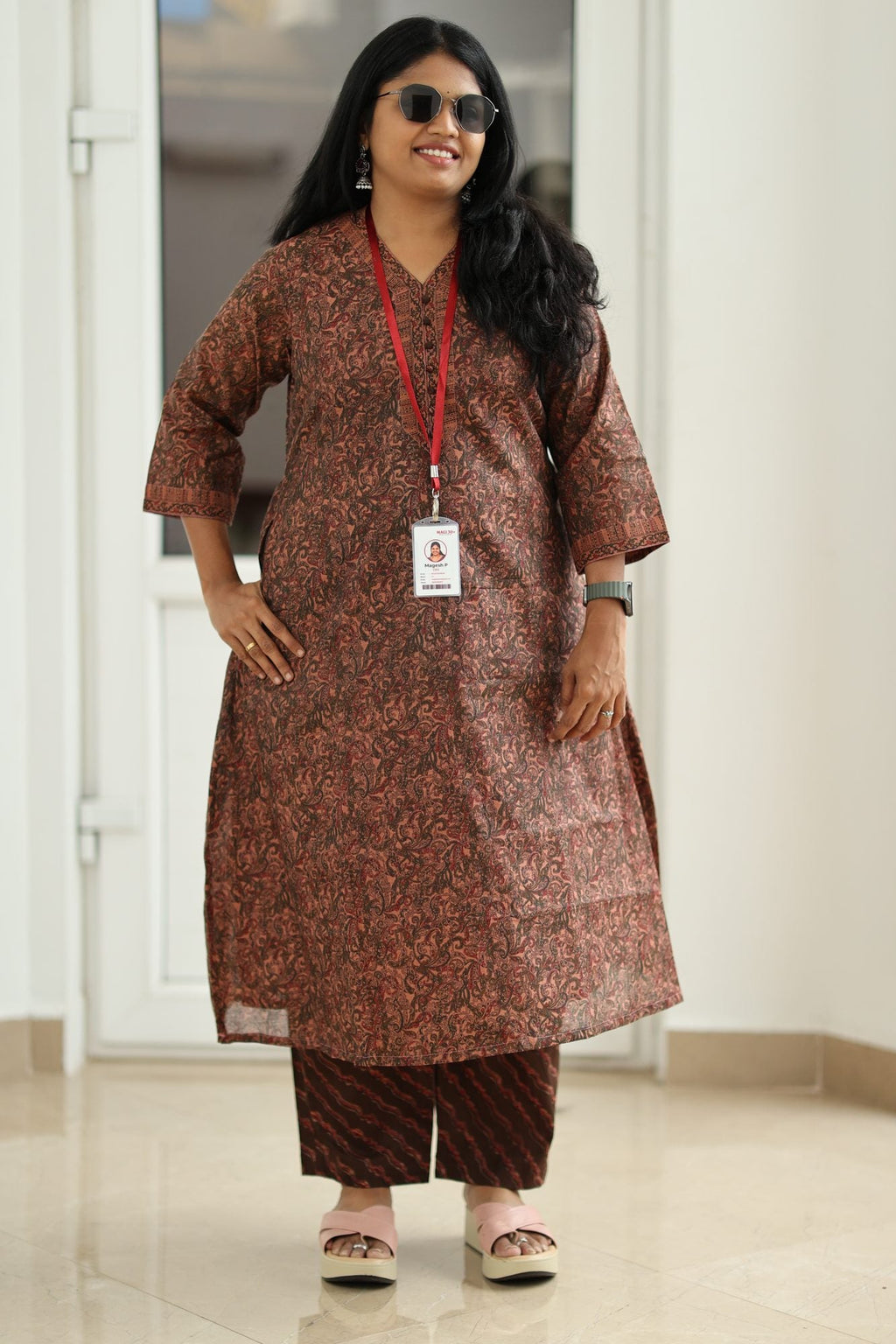 Rust Brown Paisley Print 30+ Women Everyday Office Kurta (Top + Bottom) | MAGI0017