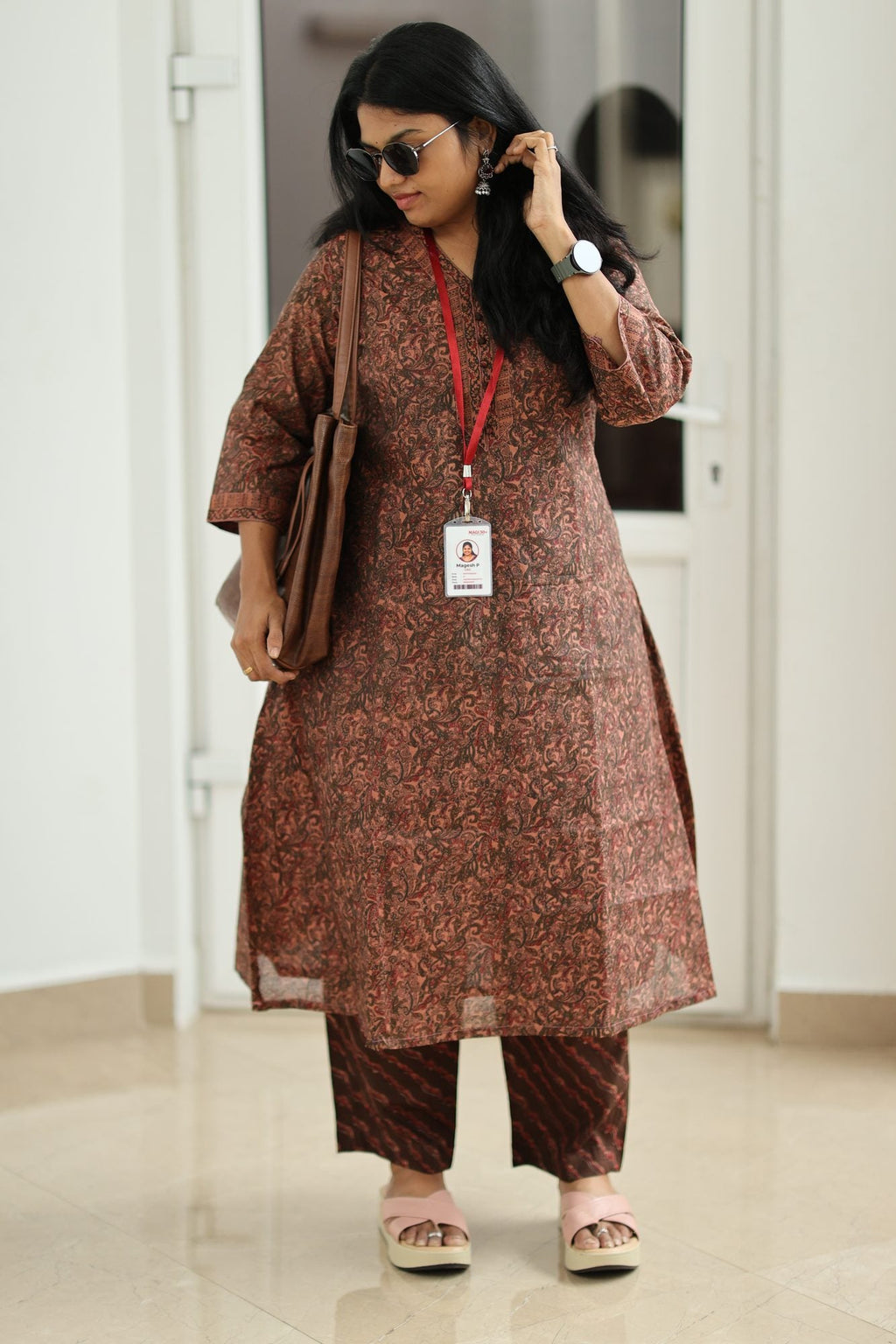 Rust Brown Paisley Print 30+ Women Everyday Office Kurta (Top + Bottom) | MAGI0017