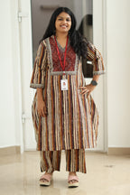 Brown Stripe Block Print 30+ Women Everyday Office Kurta (Top + Bottom) | MAGI0018