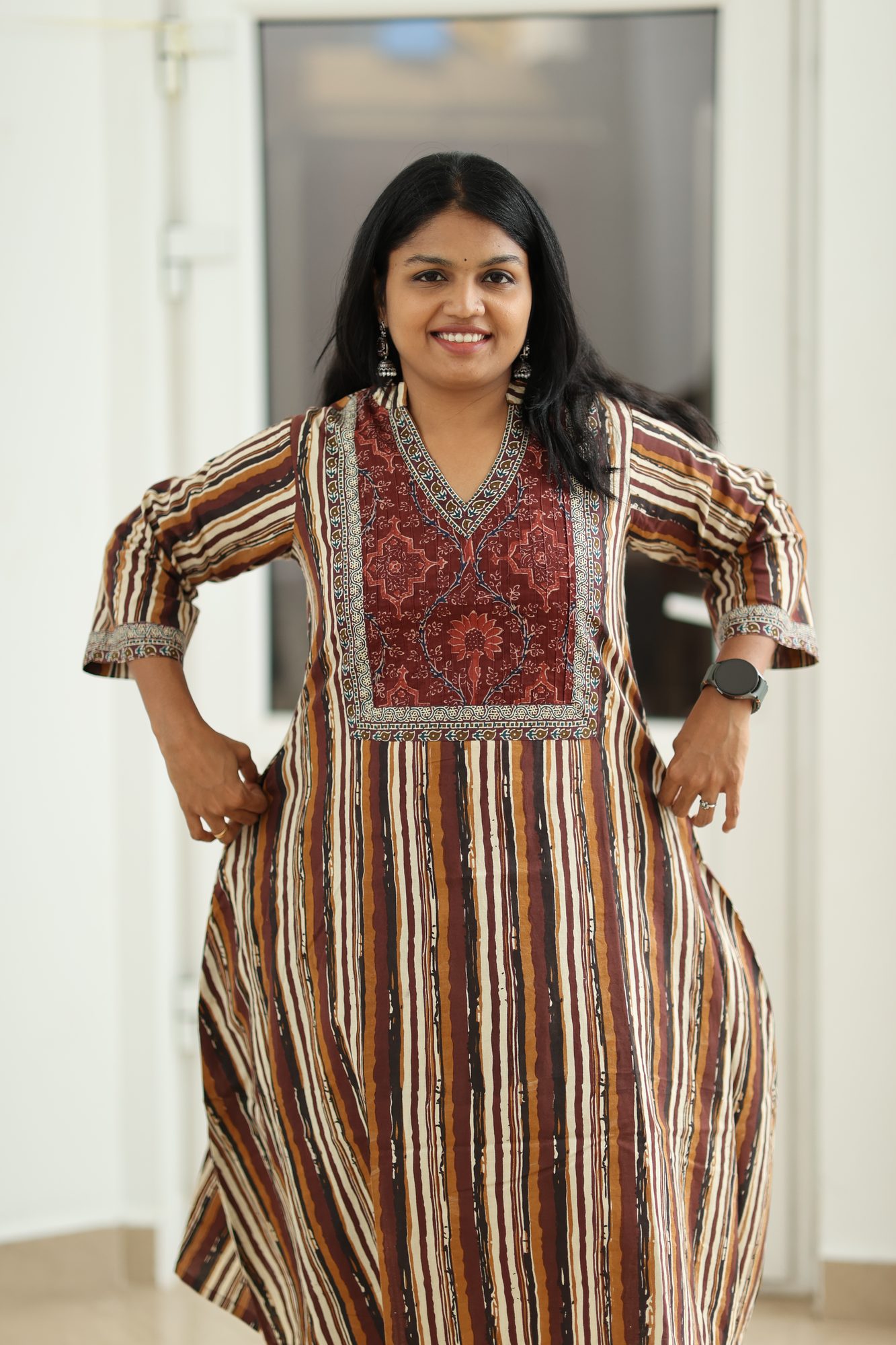Brown Stripe Block Print 30+ Women Everyday Office Kurta (Top + Bottom) | MAGI0018