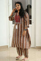 Brown Stripe Block Print 30+ Women Everyday Office Kurta (Top + Bottom) | MAGI0018