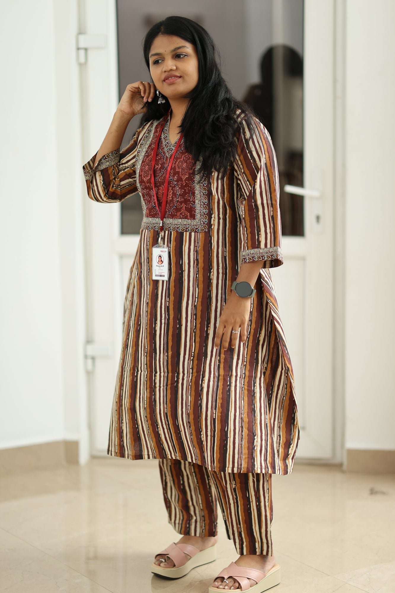 Brown Stripe Block Print 30+ Women Everyday Office Kurta (Top + Bottom) | MAGI0018