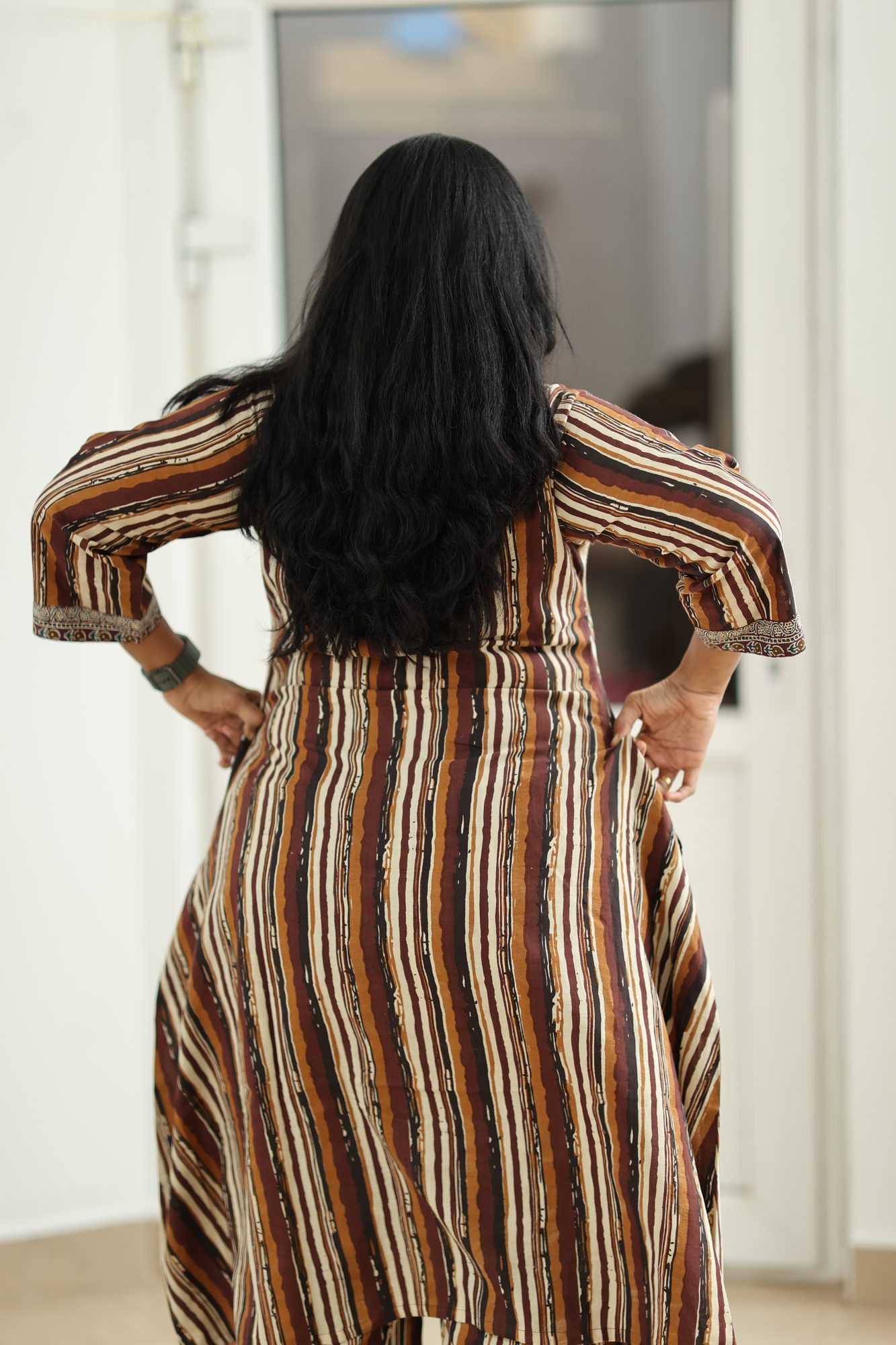 Brown Stripe Block Print 30+ Women Everyday Office Kurta (Top + Bottom) | MAGI0018
