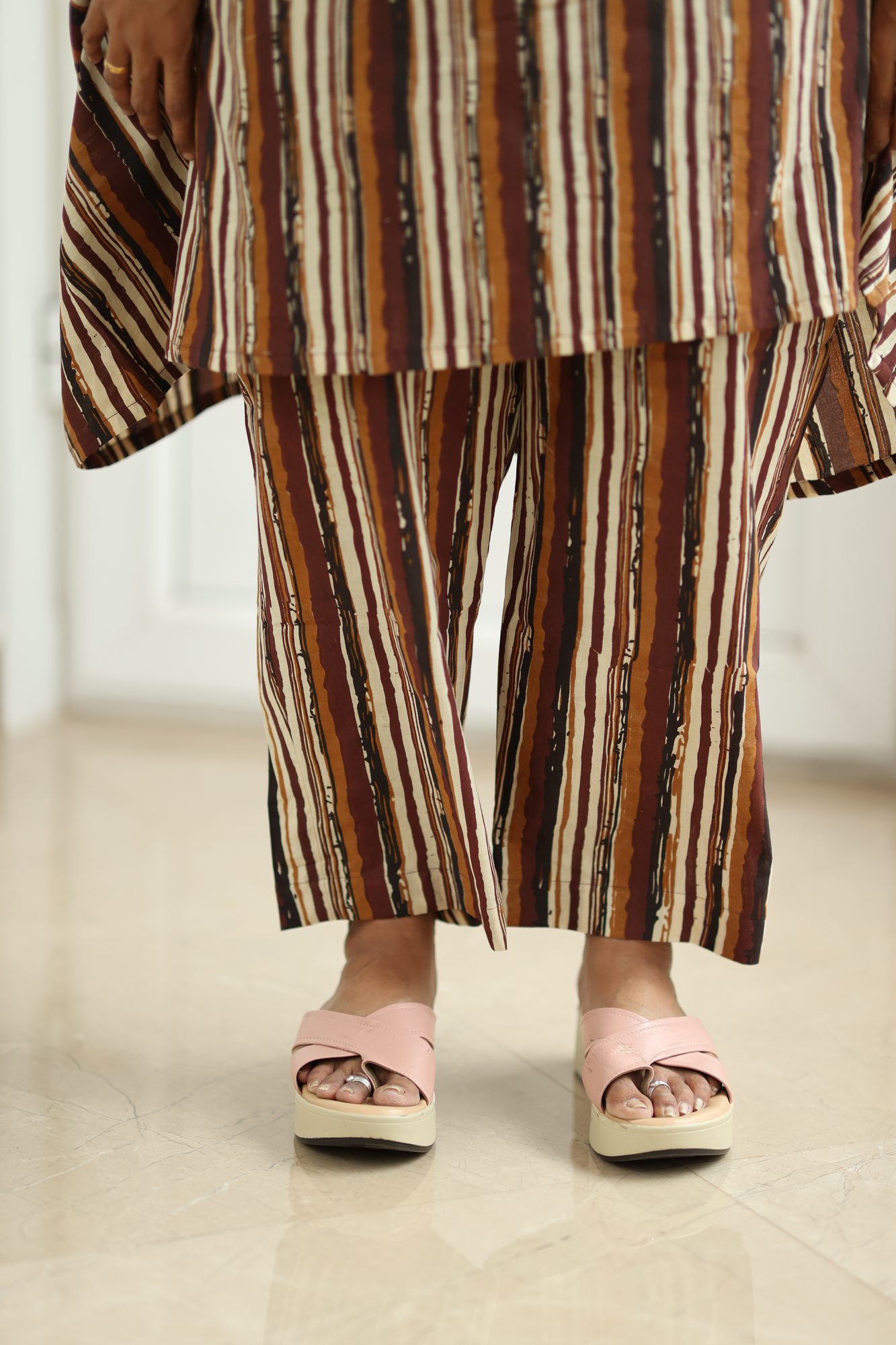 Brown Stripe Block Print 30+ Women Everyday Office Kurta (Top + Bottom) | MAGI0018