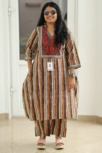 Brown Stripe Block Print 30+ Women Everyday Office Kurta (Top + Bottom) | MAGI0018