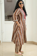Brown Stripe Block Print 30+ Women Everyday Office Kurta (Top + Bottom) | MAGI0018