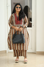 Brown Stripe Block Print 30+ Women Everyday Office Kurta (Top + Bottom) | MAGI0018
