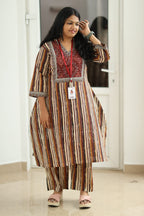 Brown Stripe Block Print 30+ Women Everyday Office Kurta (Top + Bottom) | MAGI0018
