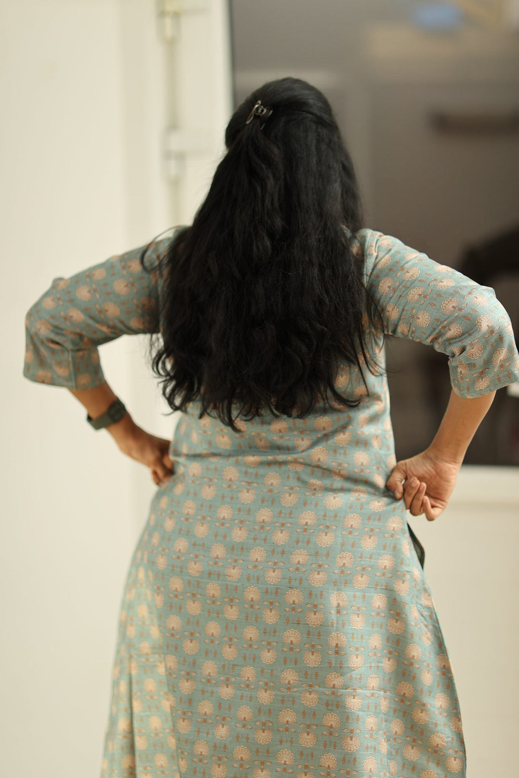 Sage Blue Tussar Print 30+ Women Everyday Office Kurta (Top Only) | MAGI0020