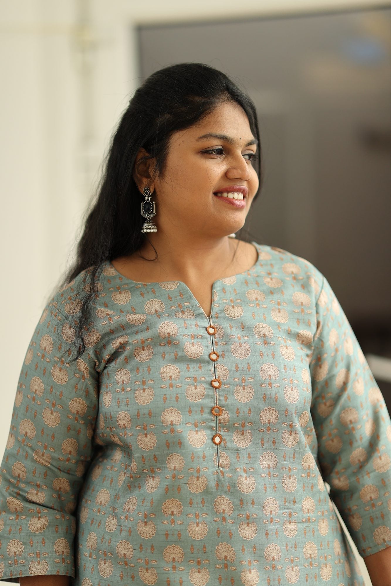 Sage Blue Tussar Print 30+ Women Everyday Office Kurta (Top Only) | MAGI0020