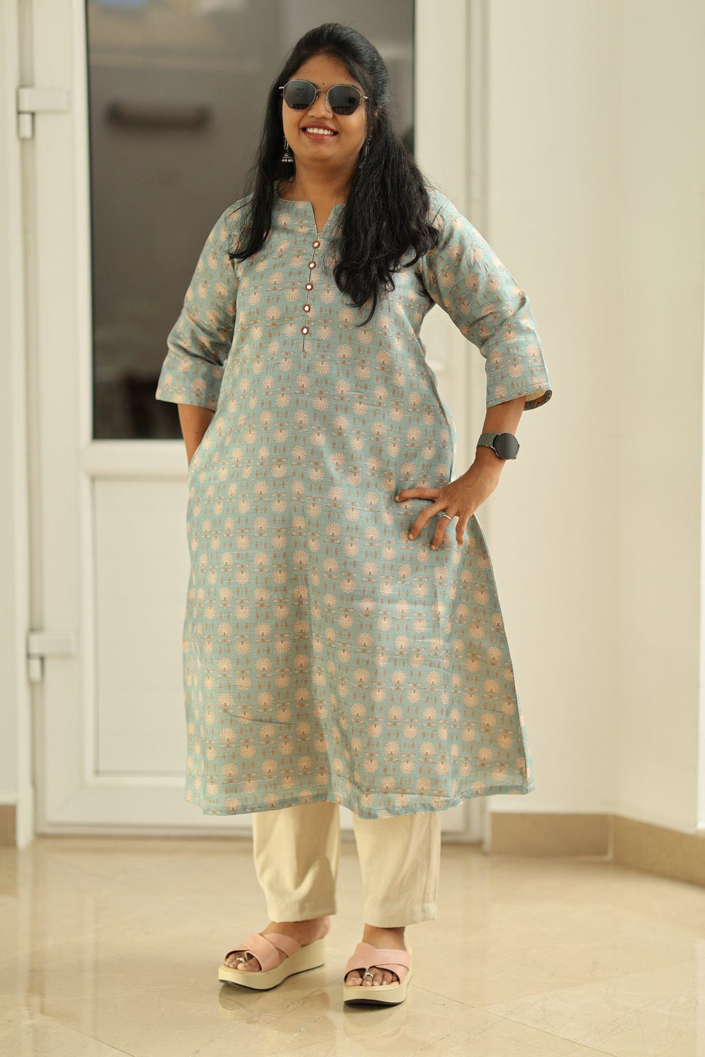 Sage Blue Tussar Print 30+ Women Everyday Office Kurta (Top Only) | MAGI0020