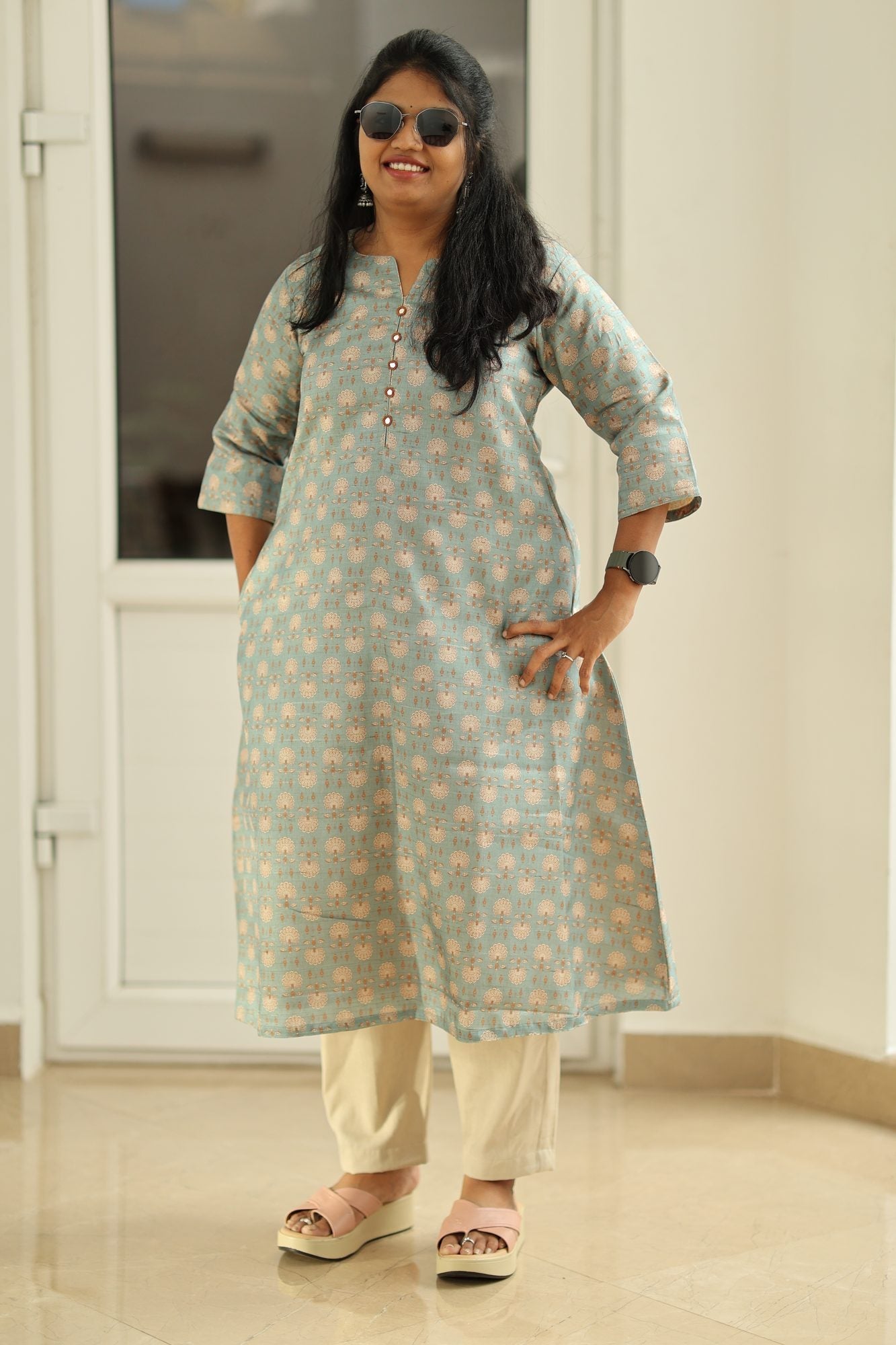 Sage Blue Tussar Print 30+ Women Everyday Office Kurta (Top Only) | MAGI0020