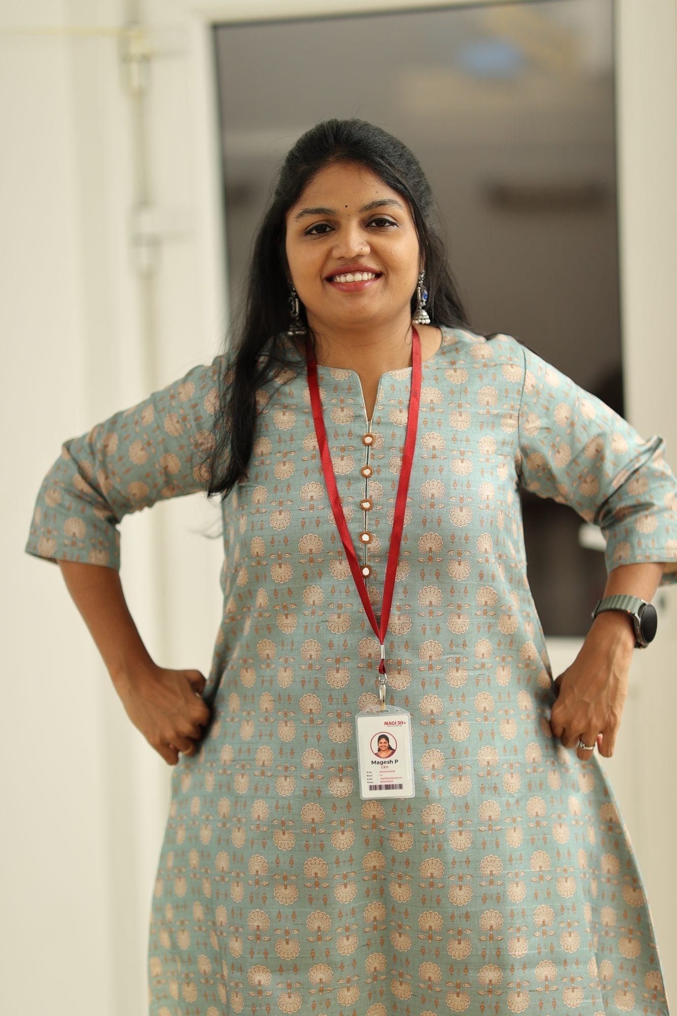 Sage Blue Tussar Print 30+ Women Everyday Office Kurta (Top Only) | MAGI0020