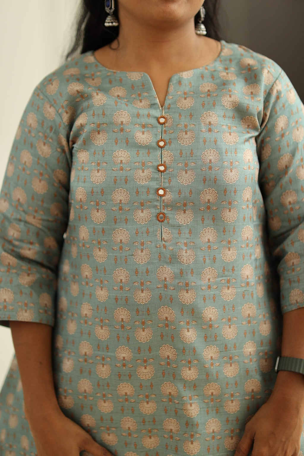 Sage Blue Tussar Print 30+ Women Everyday Office Kurta (Top Only) | MAGI0020