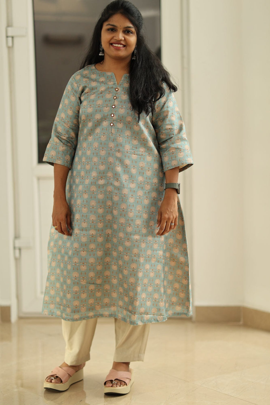 Sage Blue Tussar Print 30+ Women Everyday Office Kurta (Top Only) | MAGI0020