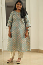 Sage Blue Tussar Print 30+ Women Everyday Office Kurta (Top Only) | MAGI0020