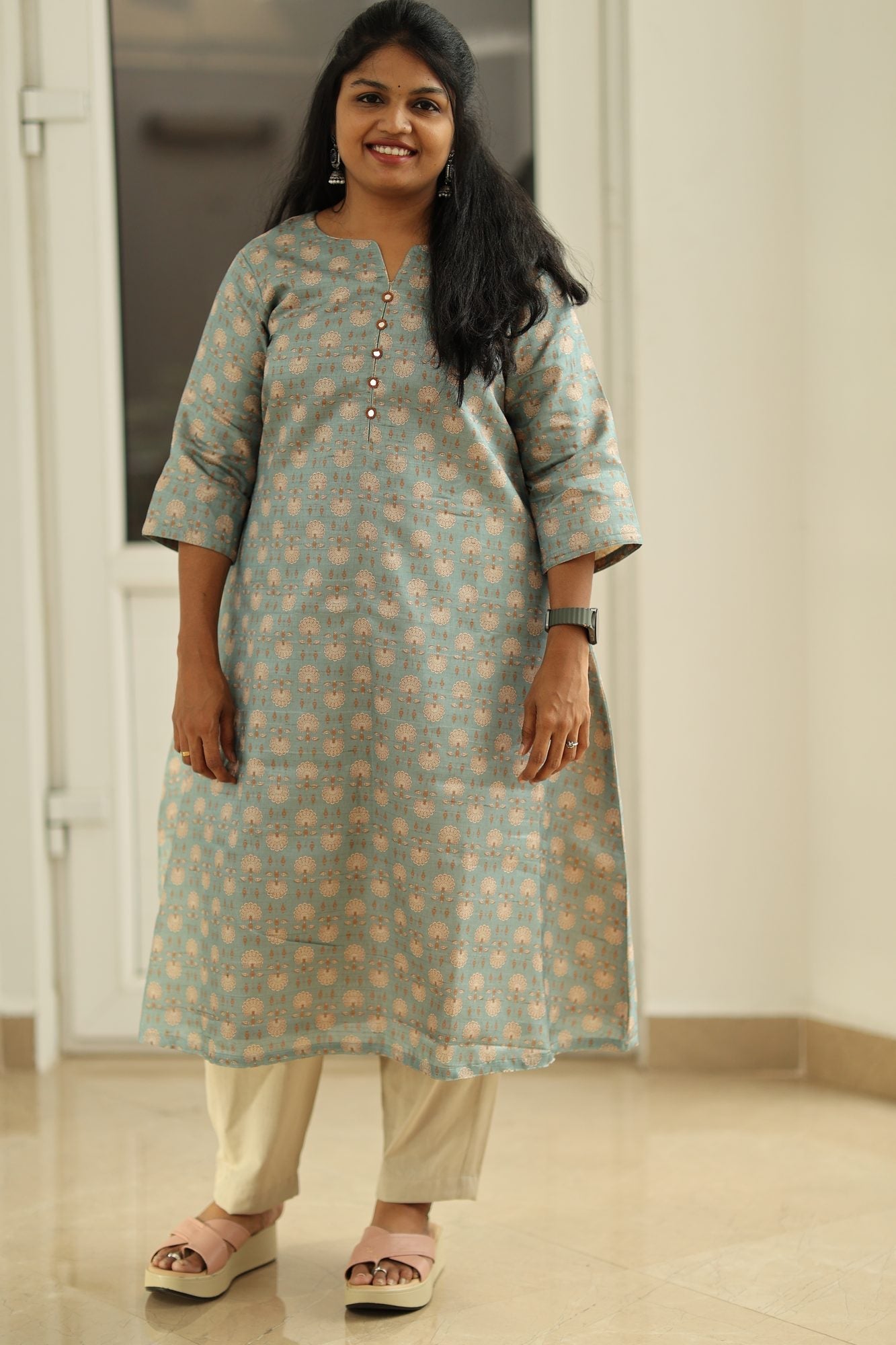 Sage Blue Tussar Print 30+ Women Everyday Office Kurta (Top Only) | MAGI0020