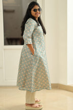 Sage Blue Tussar Print 30+ Women Everyday Office Kurta (Top Only) | MAGI0020
