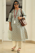 Sage Blue Tussar Print 30+ Women Everyday Office Kurta (Top Only) | MAGI0020