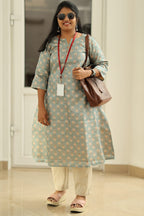 Sage Blue Tussar Print 30+ Women Everyday Office Kurta (Top Only) | MAGI0020