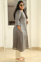 Teal Green Tussar Print 30+ Women Everyday Office Kurta (Top Only) | MAGI0021