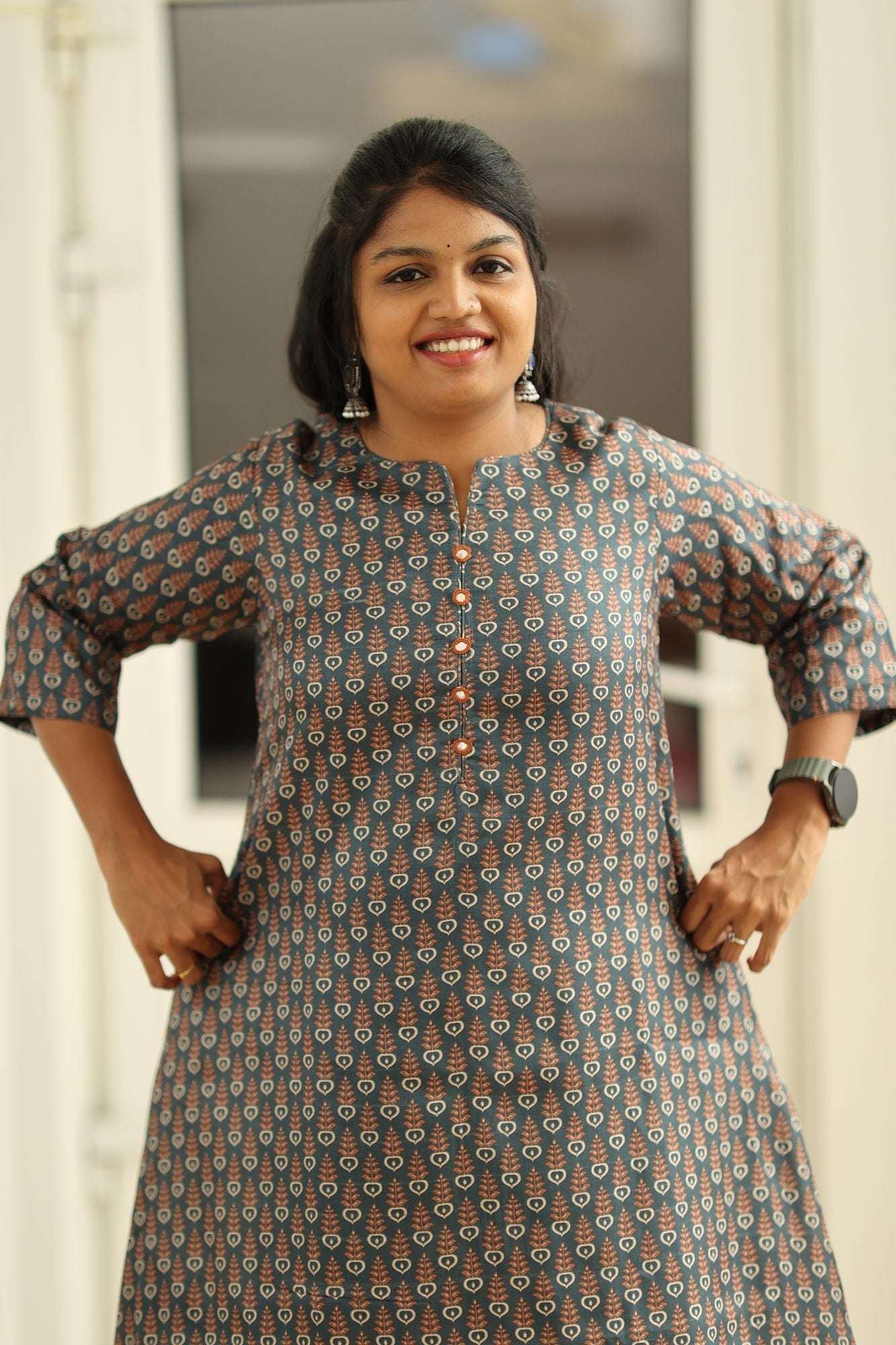 Teal Green Tussar Print 30+ Women Everyday Office Kurta (Top Only) | MAGI0021