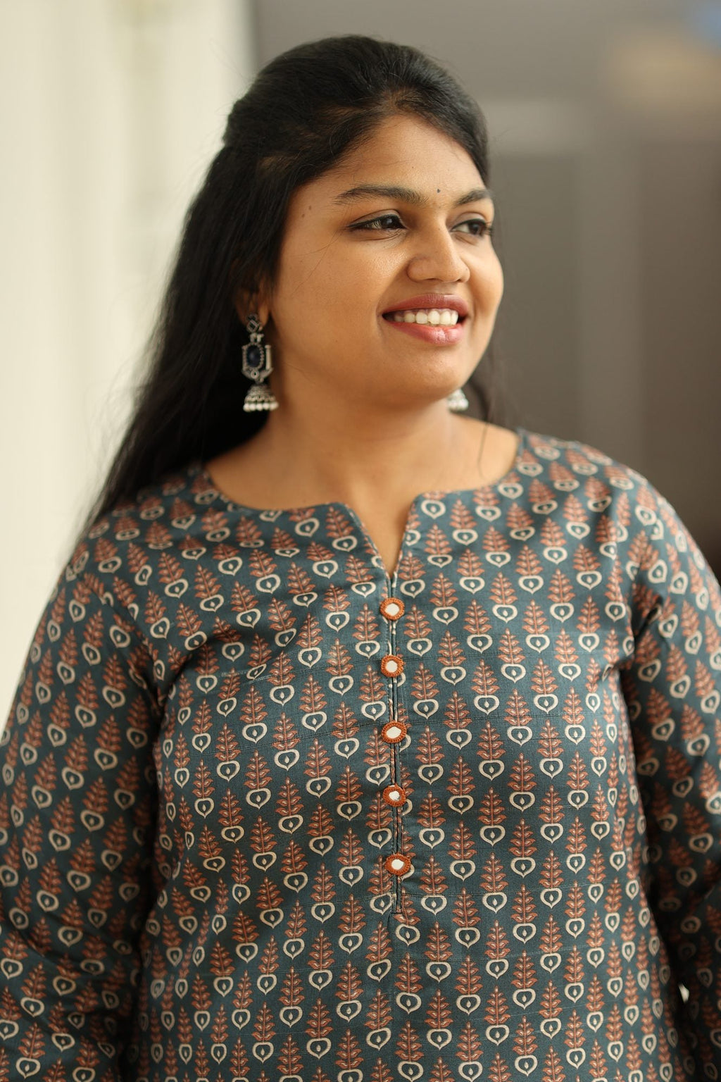 Teal Green Tussar Print 30+ Women Everyday Office Kurta (Top Only) | MAGI0021