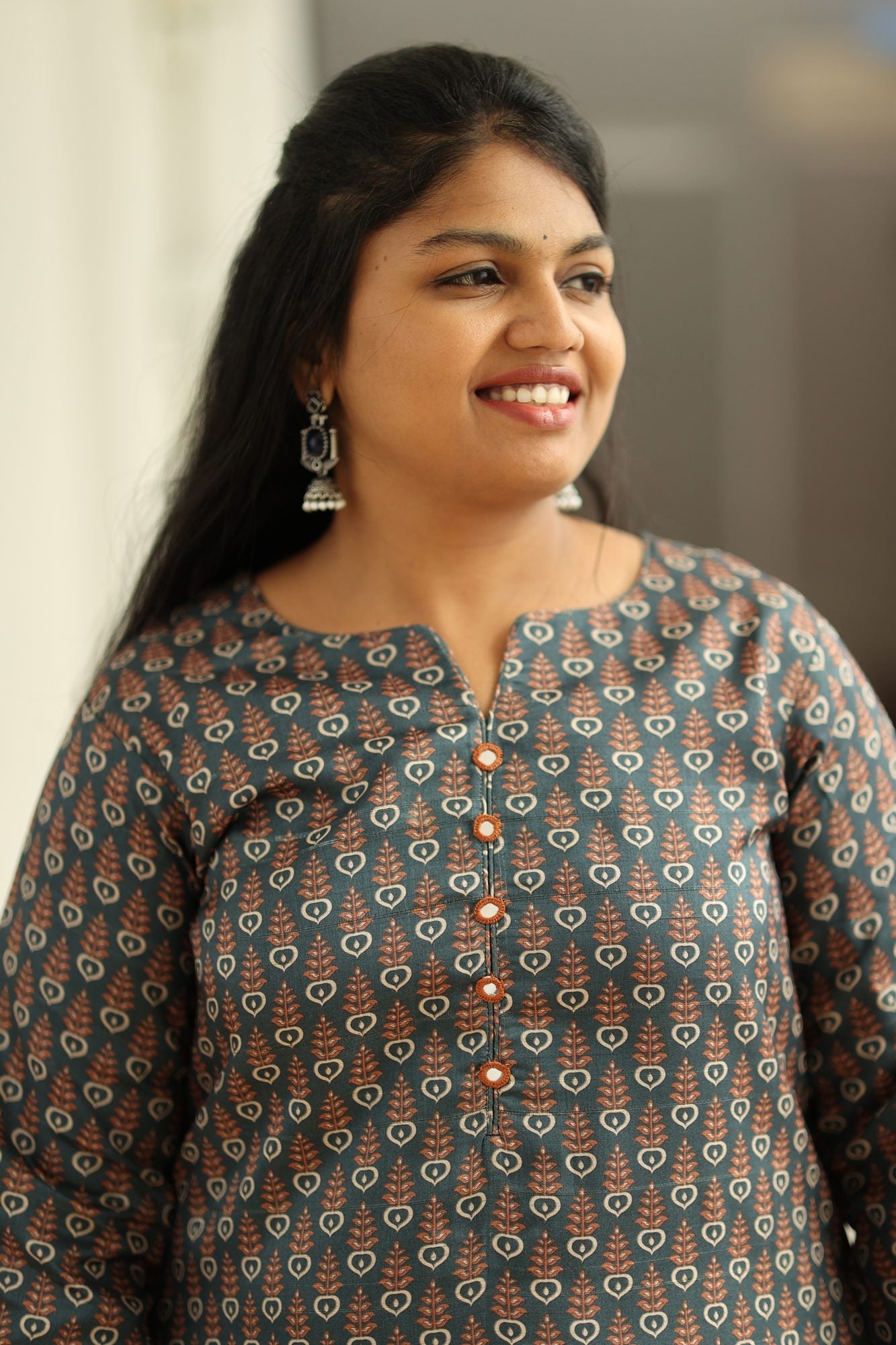 Teal Green Tussar Print 30+ Women Everyday Office Kurta (Top Only) | MAGI0021