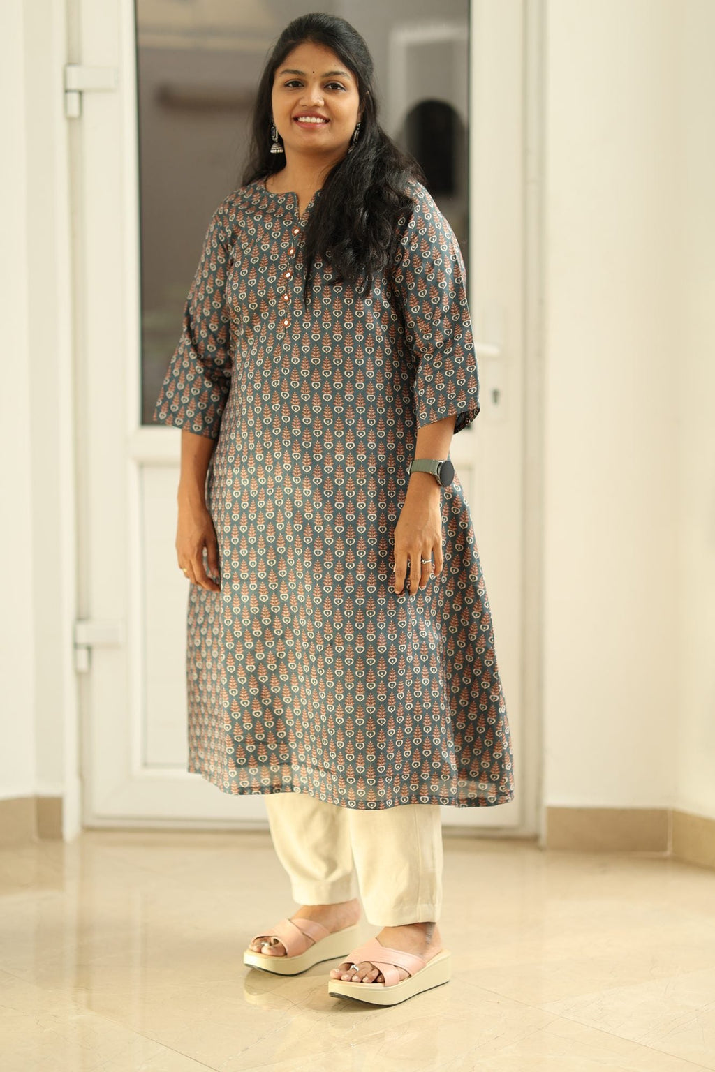 Teal Green Tussar Print 30+ Women Everyday Office Kurta (Top Only) | MAGI0021