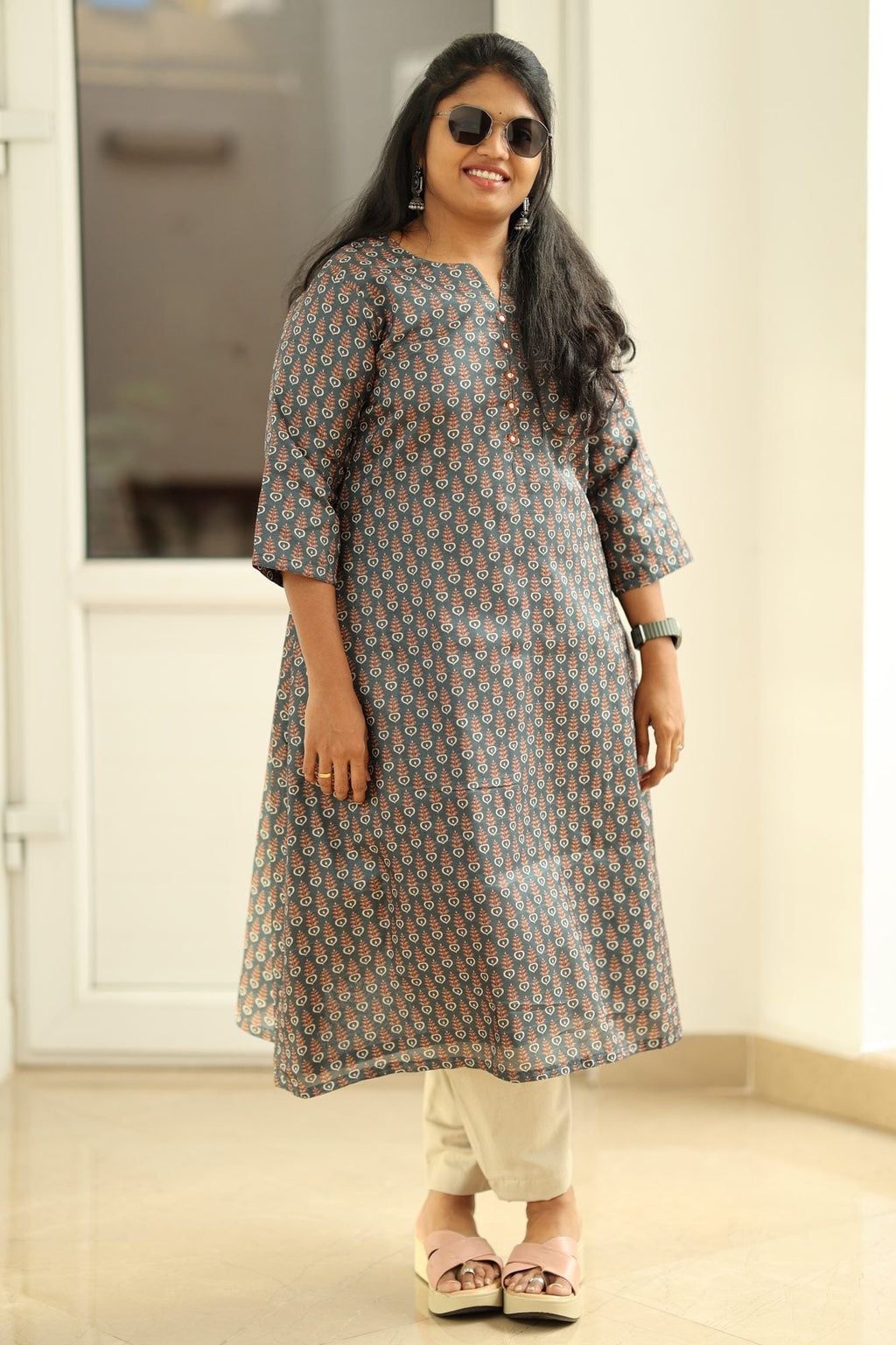 Teal Green Tussar Print 30+ Women Everyday Office Kurta (Top Only) | MAGI0021